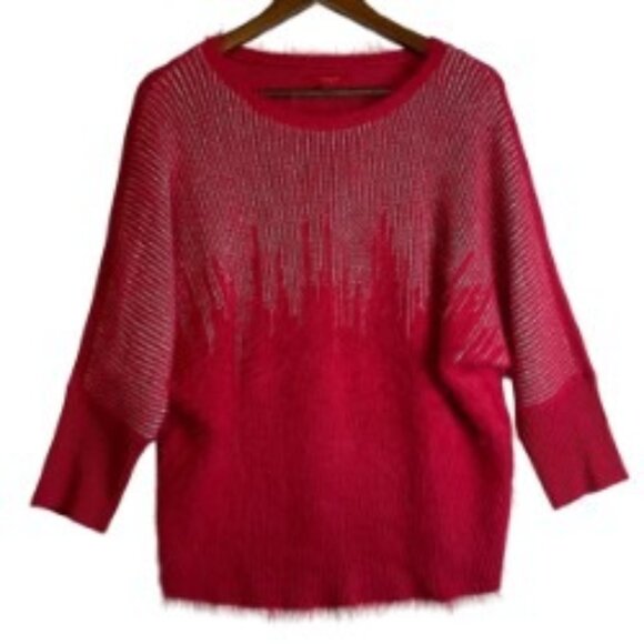JENNIFER LOPEZ SWEATER RED EYELASH W/METALLIC DESIGN 3/4 RAGLAN SLEEVE SIZE L - Picture 1 of 8
